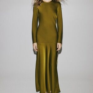 H&M olive green silky maxi dress with cutout NWT